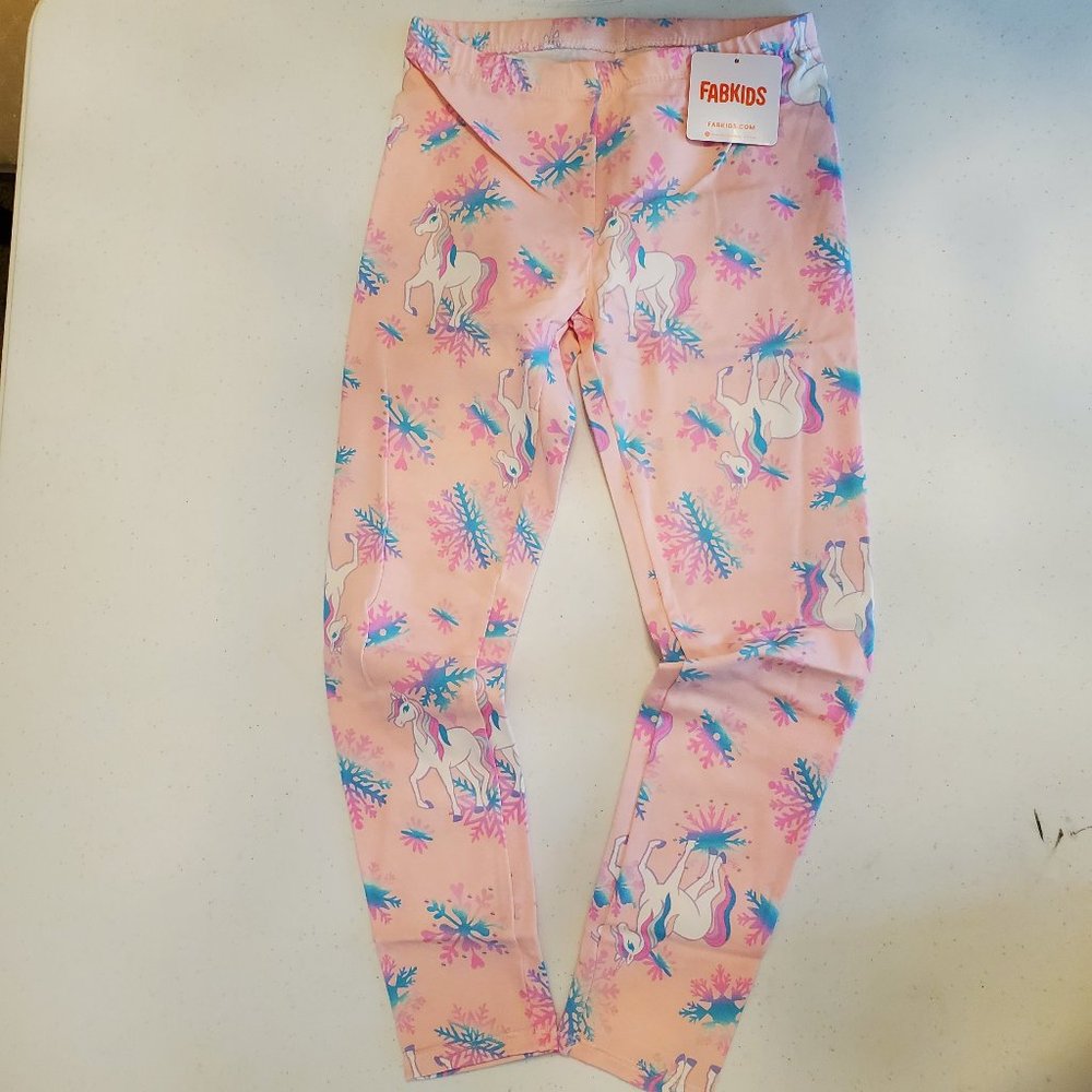 FabKIDS Girls Pink Unicorn Snowflake Leggings - Picture 1 of 8